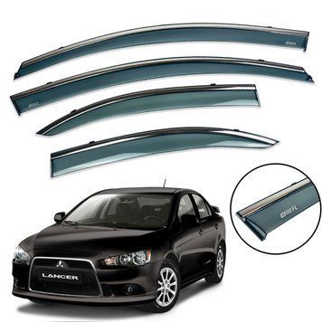 Дефлекторы окон (ветровики) Mitsubishi Lancer 10 2007+ нерж. з хром полоскою (Defl) 00-00014207 фото